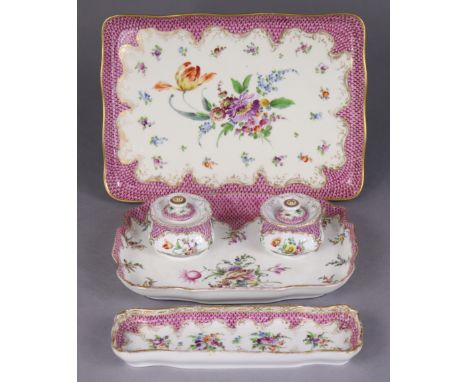 A Dresden porcelain (Richard Klemm/Donath &amp; Co) rectangular desk inkstand with two squat round inkwells, finely painted w