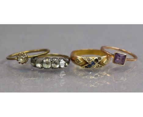 A 9ct gold ring set square amethyst, size K (1.3g); a 15ct gold ring set small sapphires &amp; split pearls (some missing), s