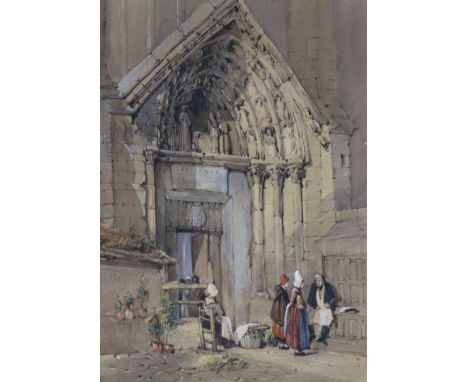 RICHARD KYRKE PENSON (Welsh, 1815-1886) A cathedral entrance with figures. Signed “R. K. Penson” to stone wall lower left; wa