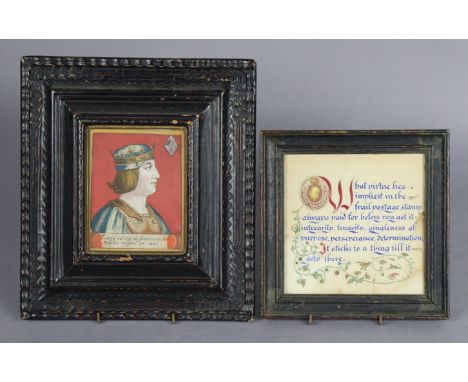 An antique French hand-coloured playing card depicting Louis VII of France (7 of diamonds), in glazed frame, 24cm x 21.5cm; a