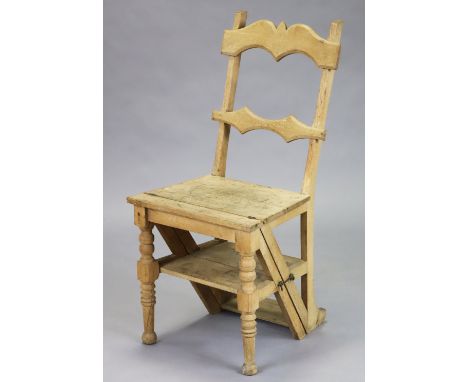 A late Victorian light-oak metamorphic folding library step chair, with shaped ladder-back and hard seat, 44cm wide x 93cm hi