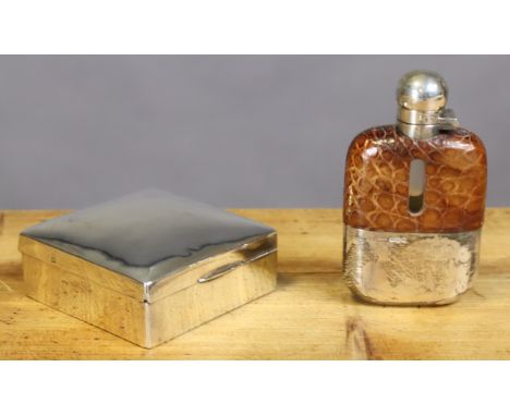 A silver-mounted &amp; part leather-covered glass pocket spirit flask with removable cup base &amp; hinged ball stopper, 11cm