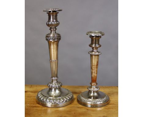 A Matthew Boulton large Sheffield plated candlestick with round tapered semi-fluted column on circular base with wide gadroon