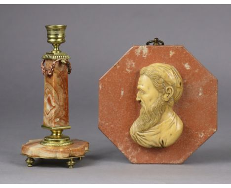 A 19th century French agate &amp; gilt-metal mounted candlestick, &amp; a carved alabaster relief of Plato in profile applied