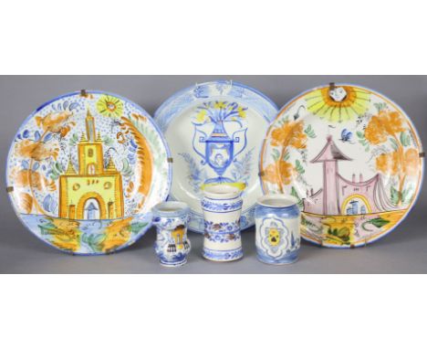 Three 20th century Italian majolica large dishes in the antique style, 34cm; and three ditto small albarello.