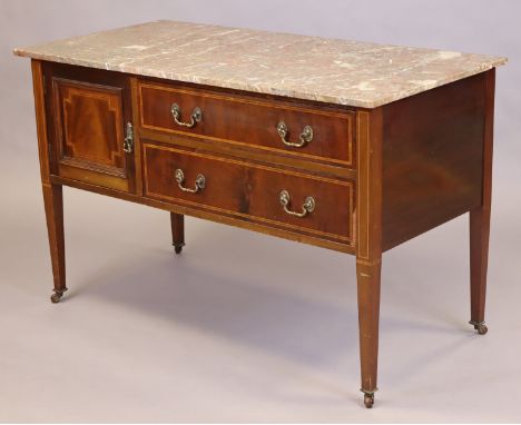 An Edwardian inlaid mahogany washstand with rectangular marble top, fitted two long drawers with brass swan-neck handles, and