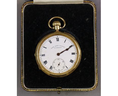 An 18ct gold gent’s open-face pocket watch, the white enamel dial with black roman numerals &amp; subsidiary seconds, inscrib