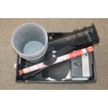 A box containing various office supplies to include 5x metal waste paper bins, laminator, key