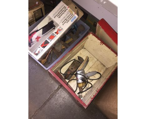 WOOD BOX WITH ELECTRIC DRILL & BOX WITH TILE CUTTER AND TOOLS