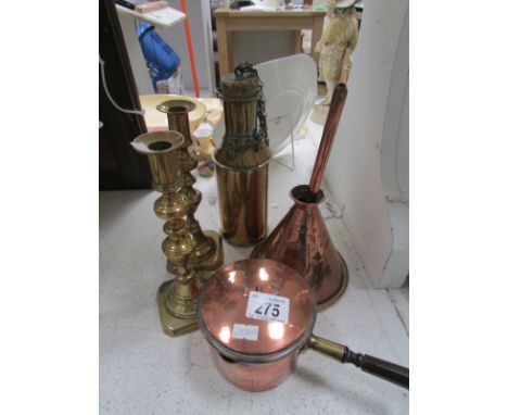 A pair of brass candlesticks, copper funnel, copper saucepan and one other item