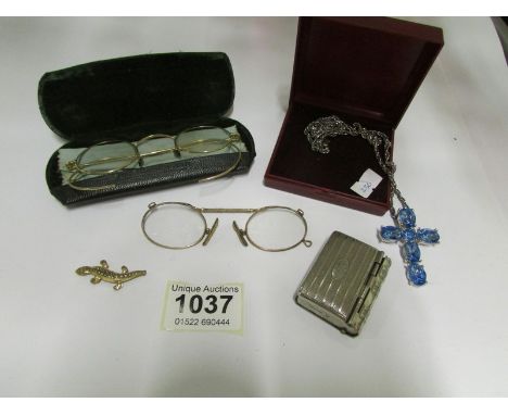 A mixed lot including vintage specs, sovereign/match case, cross on chain etc
