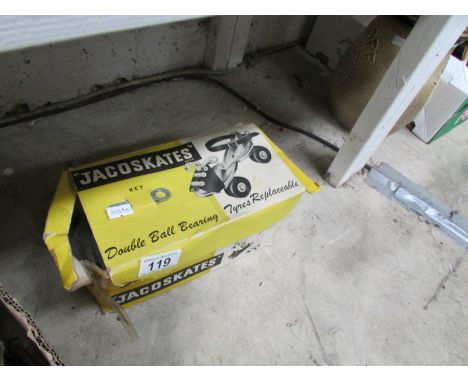 A boxed pair of Jacoskates roller skates