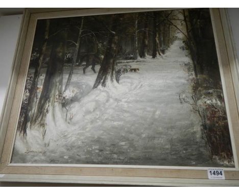 An oil on canvas hunting scene by R Donaldson '74
