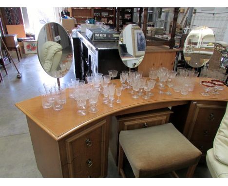 A retro dressing table with 3 mirrors, matching bedside chest and stool