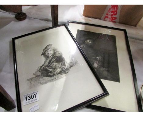 2 etchings after Rembrandt including self portrait