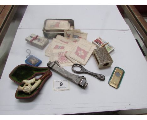 A quantity of Kensitas silk cigarette cards, cigar cutters, boxed Meerscham pipe etc
