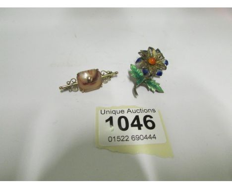 A Victorian gold and agate brooch together with a blue and green enamel brooch
