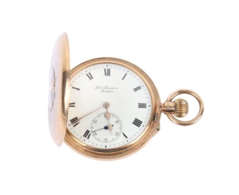 A 9ct gold cased half hunter pocket watch. By JW Benson, London, with black Roman numerals and subsidiary dial, hallmarks to 