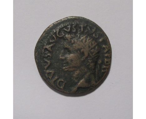 Divus Augustus, Restitution by Tiberius, 34-37 AD, AE, reverse with radiate head, obverse with S.C. eagle on globe, F or bett