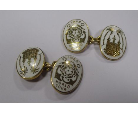 A pair of 9ct gold and white enamel cufflinks for the 1959 World Tour, 15 grams, boxed  
