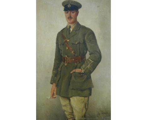 Russian School (20th Century)  Portrait of an English Officer of the First World War, in uniform, holding a cigarette signed 