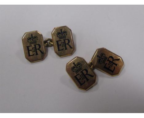 A pair of 9ct gold cufflinks with EIIR below crown in blue enamel, 11grams, boxed  