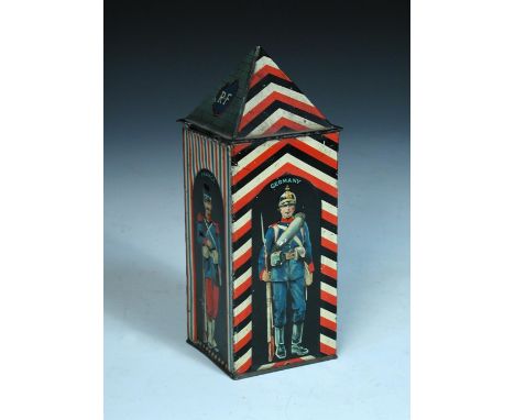 An early 20th century Huntley & Palmer Biscuit Tin, modelled as a sentry box, each face depicting a soldier from England, Rus