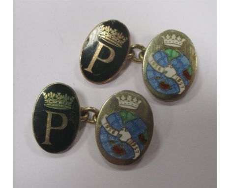 A pair of 9ct gold cufflinks, one side with inset enamel of the world, 1956-1957 and the other with a P below a crown into gr