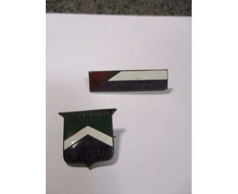 Two Suffragette enamel badges, 'Votes for Women W.S.P.U.' shield shape, and 'Fellowship Votes for Women', both stamped on rev