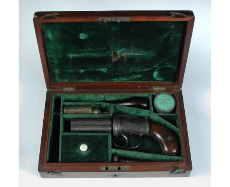 A mahogany cased six shot pepperbox revolver by J.W.Edge, Manchester, circa 1850, marked 'Improved Revolving Pistol', with fl