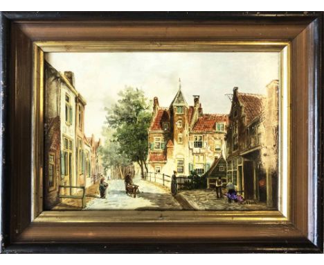 AFTER WILLEM KOEKKOEK, 'Street scene with figures', painted ceramic, 19cm x 28cm, framed.