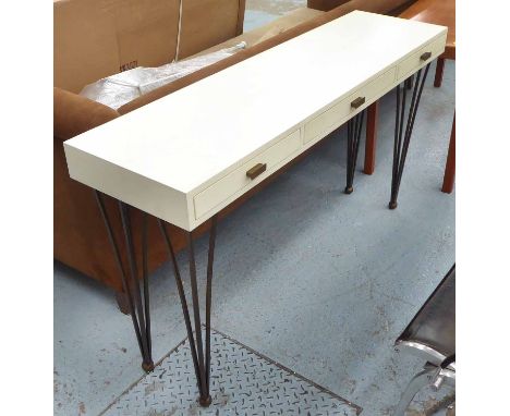 JULIAN CHICHESTER 'RAVEL' CONSOLE, natural vellum and aged brass, 150cm W x 41cm D x 84cm H. 