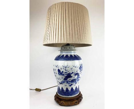 TEMPLE JAR LAMP, of substantial proportions, Chinese blue and white, depicting the dragon chasing the flaming pearl, with car