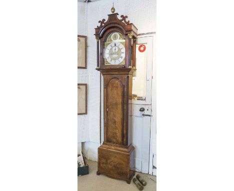 LONGCASE CLOCK, late 18th century George III flame mahogany the brass dial with a silvered chapter ring with Roman numerals, 