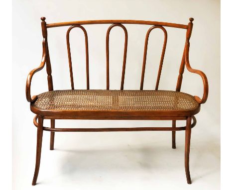 HALL BENCH, late 19th/early 20th century English with cane seat and bentwood fruitwood frame, 111cm W.