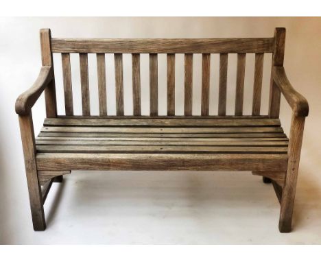 GARDEN BENCH, silvery weathered teak of slatted construction, 122cm W.