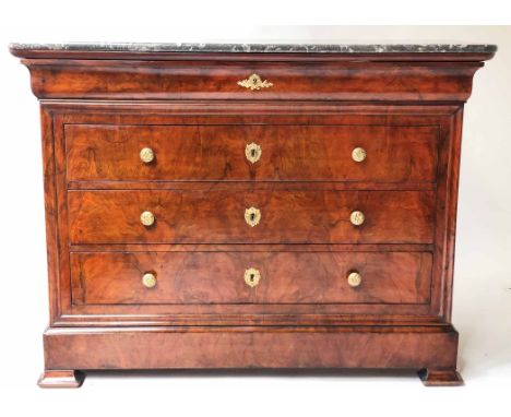 COMMODE, 19th century French Louis Philippe burr walnut and gilt metal mounted with four long drawers and St Annes marble top