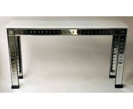 'VENETIAN' CONSOLE TABLE, rectangular variegated, grey veined white marble top, raised on etched Venetian style mirrored pane