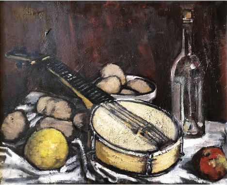 FOLLOWER OF CEZANNE 20TH CENTURY CONTINENTAL SCHOOL, 'Still life with banjo, fruit and bottle', oil on canvas, 37cm x 44cm, f