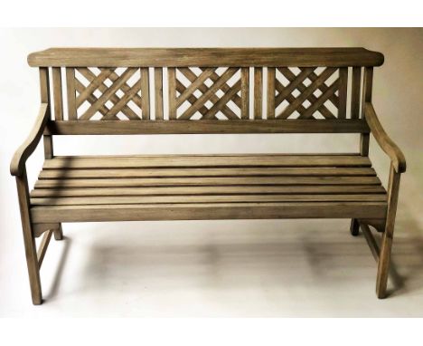 TRELLIS GARDEN BENCH, weathered teak and slatted construction with trellis back, 137cm W.