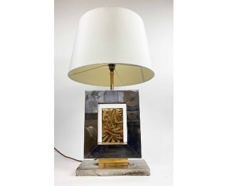 ATTRIBUTED TO MAISON BAGUES TABLE LAMP, French 1970's chrome and gilt metal with shade, 68cm H.