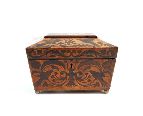 An early 19th century burr walnut veneered sarcophagus shaped tea caddy, decorated throughout with extensive inlaid rosewood 
