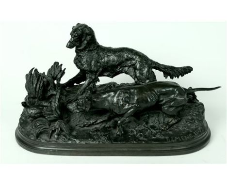 A cast iron after P J Mene (French 1810-1879), the partridge hunt showing a retriever and a pointer chasse a la perdrix, hunt