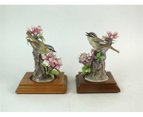 A pair of Royal Worcester models of a Red-Eyed Vireos and Swamp Azalea by Freida Doughty circa 1968 each with wooden plinth b