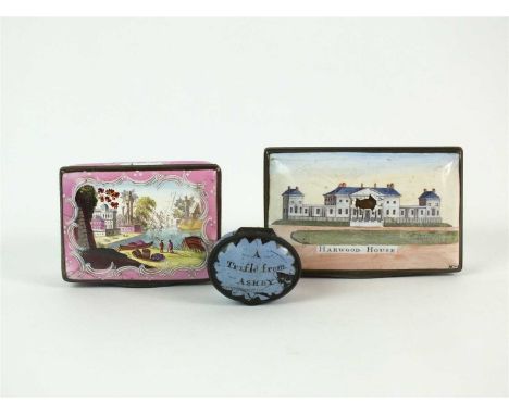 A rectangular Staffordshire enamel box painted with a view of 'Harwood House' to the cover and flowers to the base, interior 