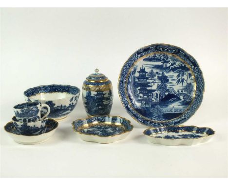 Eight pieces of Caughley porcelain transfer-printed in underglaze blue with the Pagoda pattern circa 1780-90, comprising a te