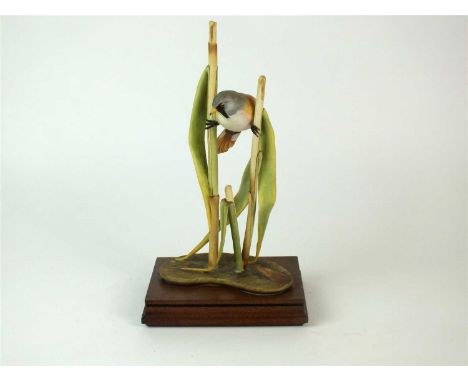 A Royal Worcester model of a Bearded Reedling (Panurus biarmicus) designed by James Adler circa 1976, mounted on a wooden bas