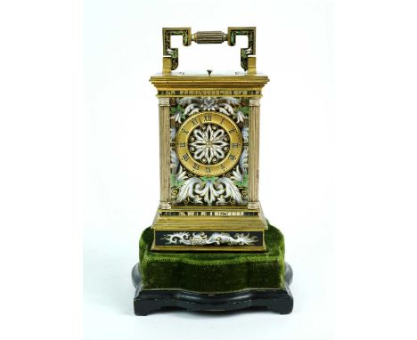 A mid-late 19th century French champleve enamel cased carriage clock with an eight day repeater movement striking on a gong, 