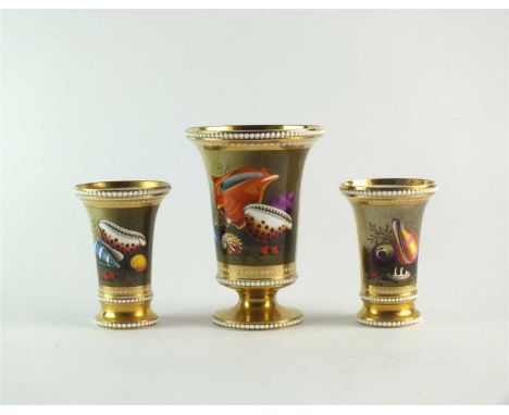 A garniture of three Spode match pots circa 1821-23 of shape, each pot applied with three bands of beaded white pearls, decor