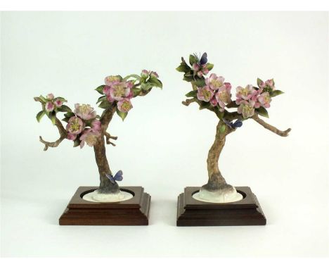 A pair of Royal Worcester models of Crab Apple and Butterflies designed by Dorothy Doughty, limited editions, each with woode